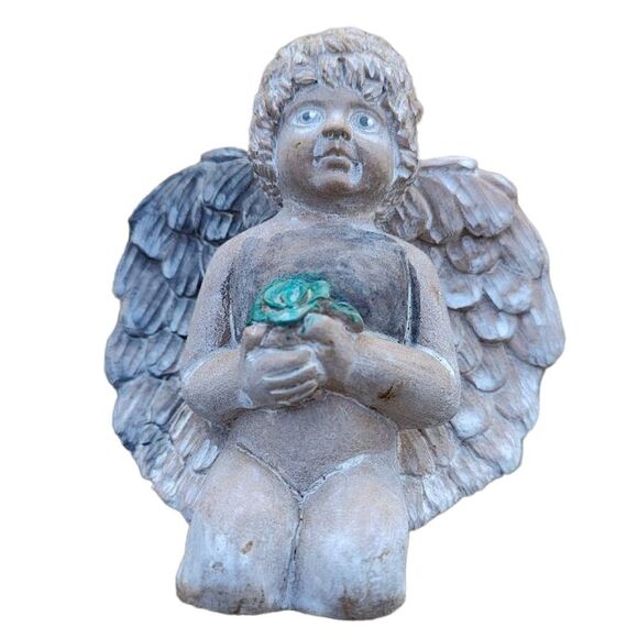 Vintage Angel Baby With Flower Small Statue Sculpture - Picture 1 of 10